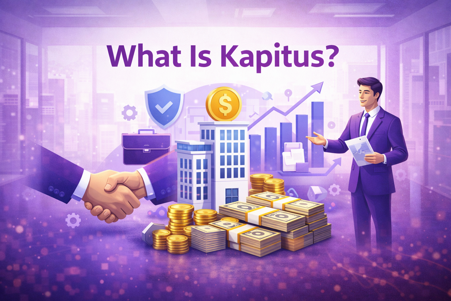 Illustration explaining what Kapitus is, showing a business funding company with cash stacks, a handshake, financial charts, and a professional advisor on a purple background.