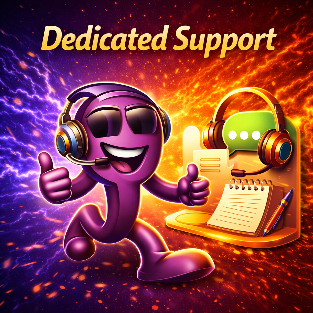 Dedicated support graphic showing a purple character wearing a headset, thumbs up, with customer service icons and a glowing financial background.