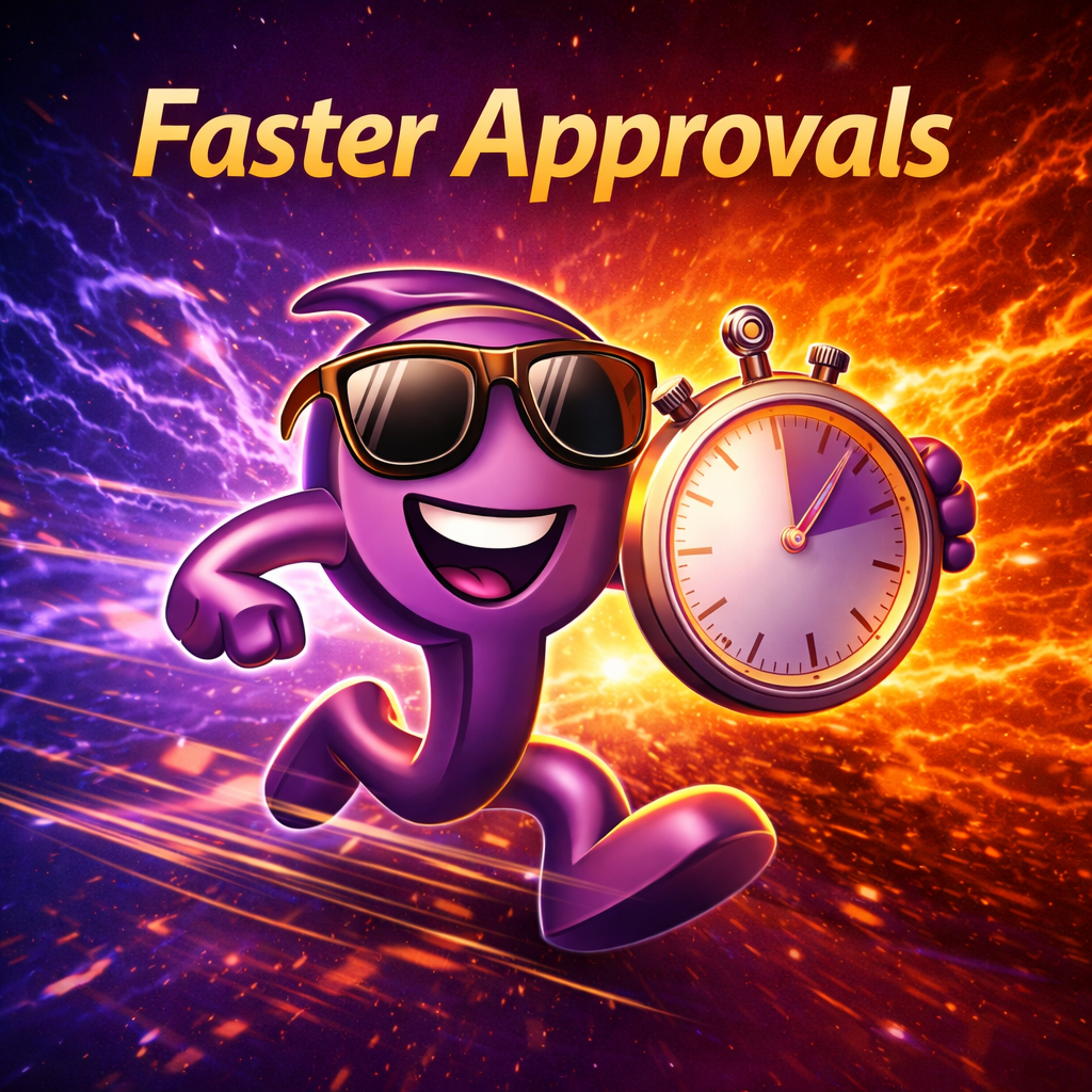 Faster approvals graphic showing a purple character holding a stopwatch with motion effects and a glowing financial background.