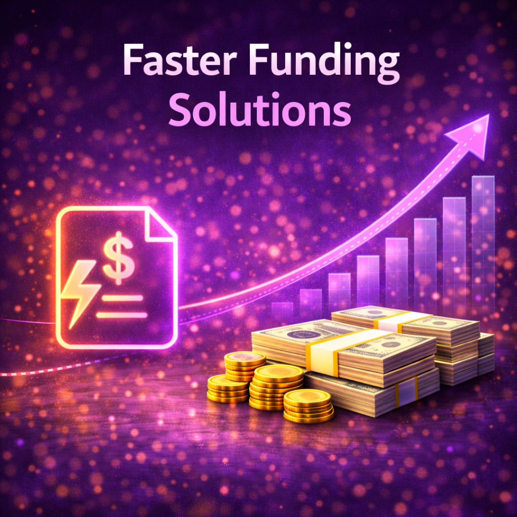 Faster funding solutions graphic showing a lightning bolt approval document icon, stacks of cash, gold coins, and a rising financial chart on a purple business funding background.