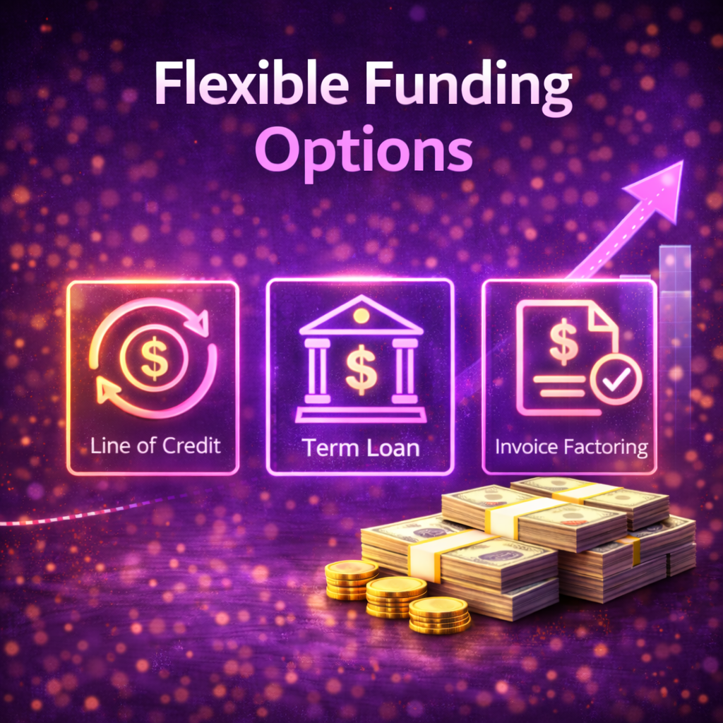 Flexible funding options graphic showing icons for line of credit, term loan, and invoice factoring with stacks of cash and coins on a purple financial background.