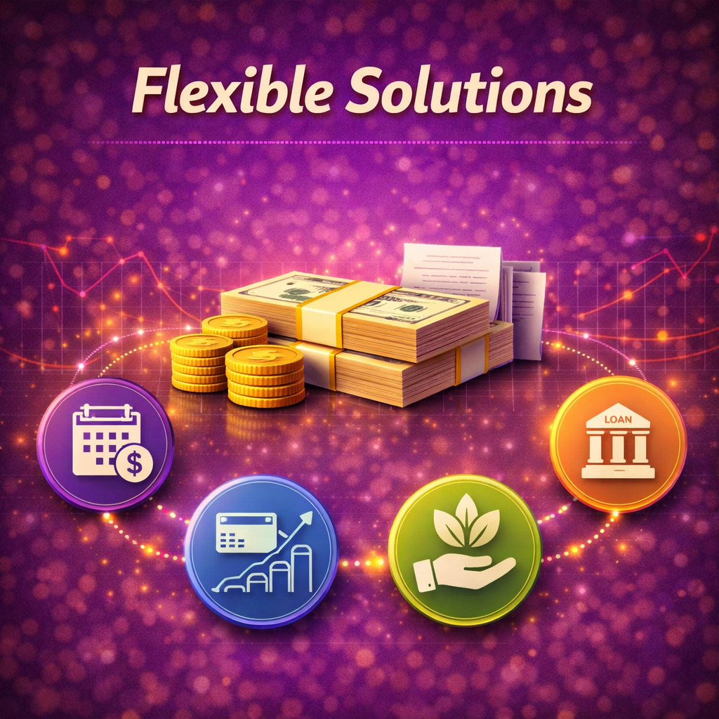 Flexible funding solutions graphic showing stacks of cash, gold coins, and multiple funding icons on a glowing purple financial background.