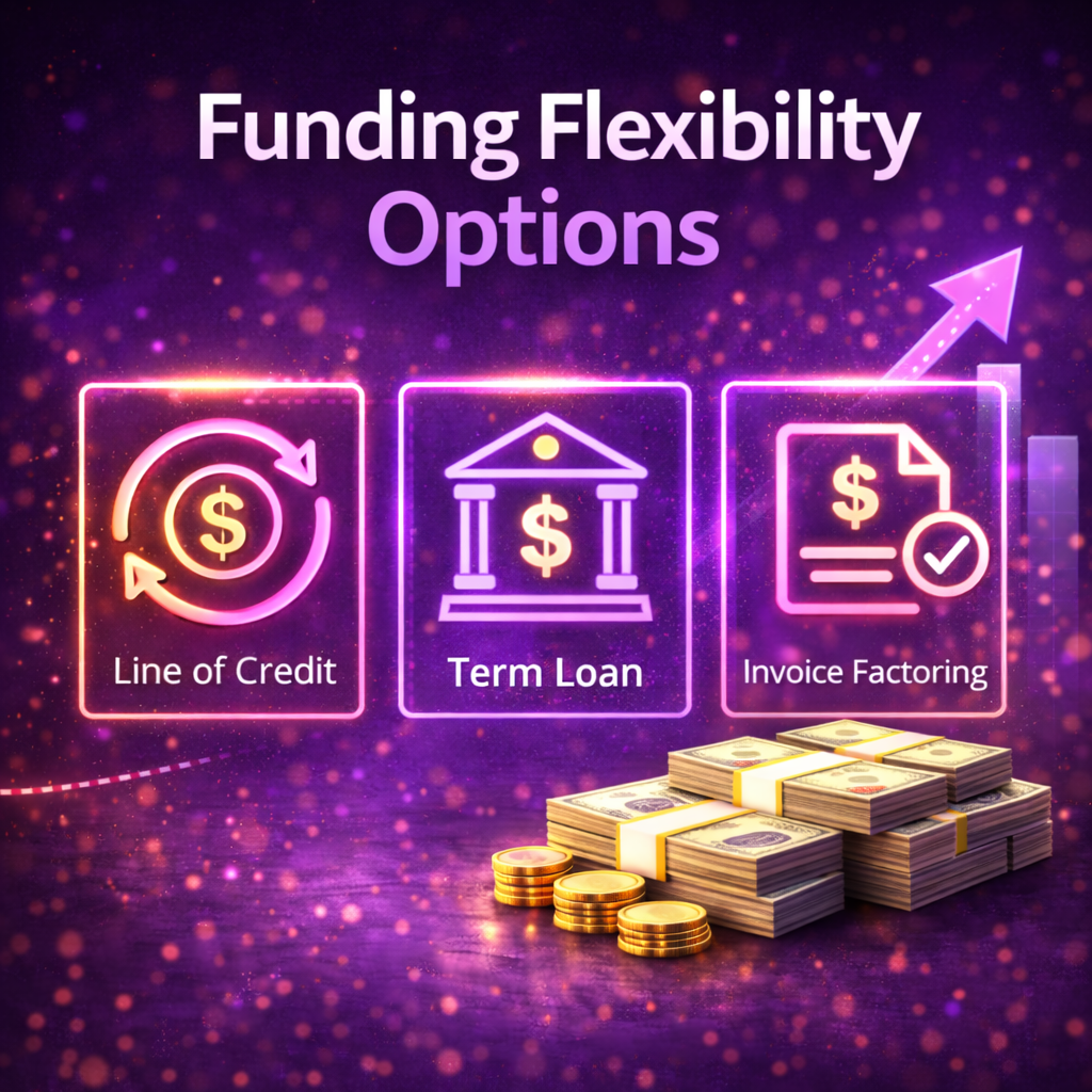 Funding flexibility options graphic showing line of credit, term loan, and invoice factoring icons with stacks of cash and coins on a purple financial background.
