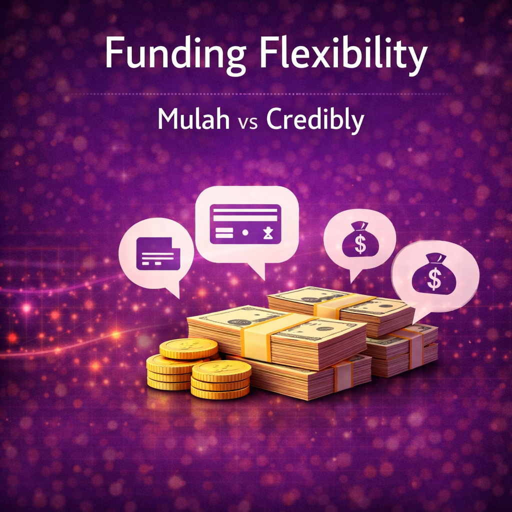 Funding flexibility comparison graphic showing stacks of cash, gold coins, and funding option icons on a purple financial background.