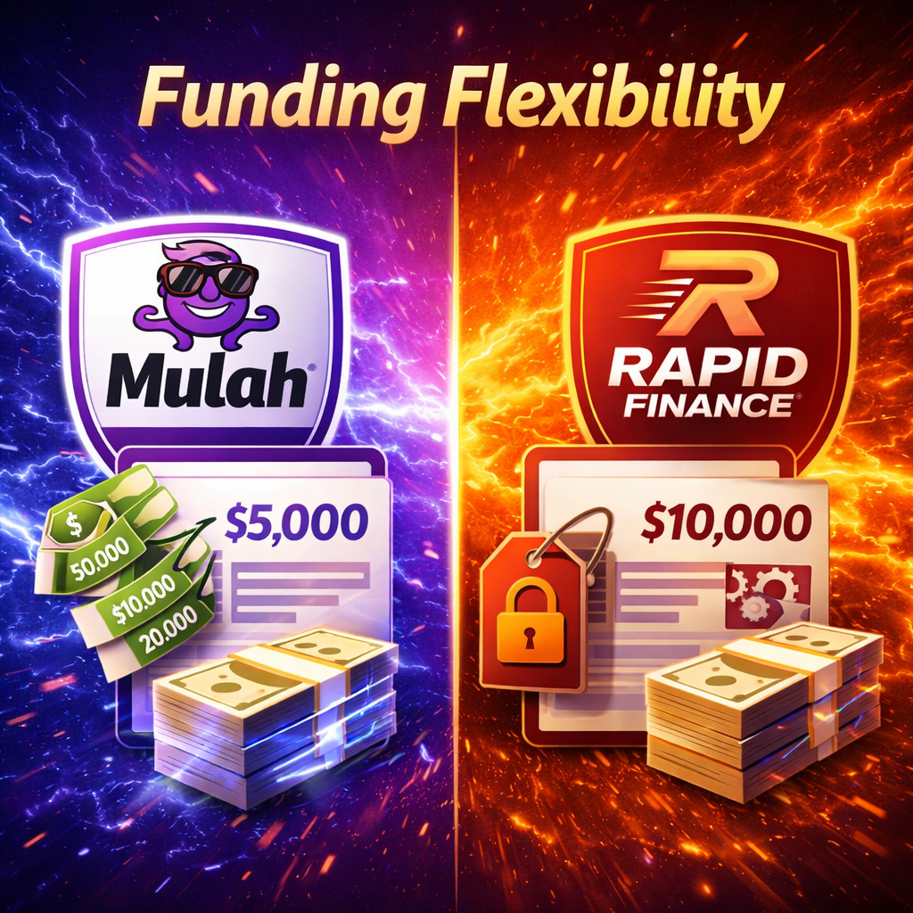 Funding flexibility comparison graphic showing Mulah in purple with multiple funding options and Rapid Finance with limited options, alongside stacks of cash and financial visuals.