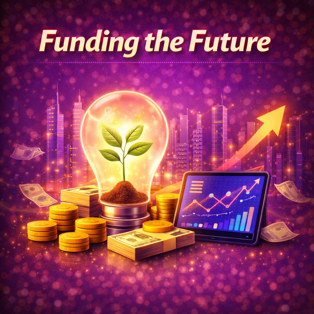 Funding the future graphic showing a glowing lightbulb with a growing plant, stacks of cash, gold coins, and an upward financial chart on a purple background.