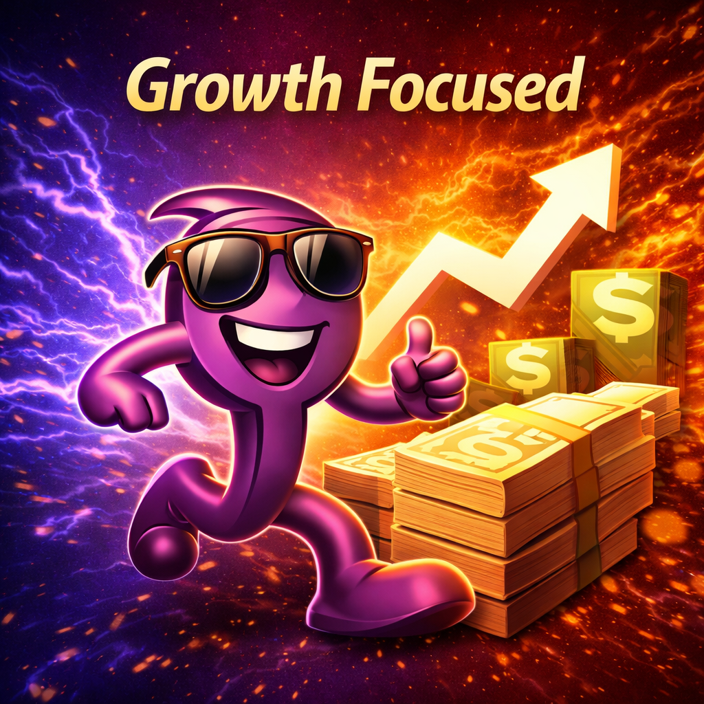Growth focused graphic showing a purple character with sunglasses, stacks of cash, and an upward arrow representing business growth on a dynamic financial background.