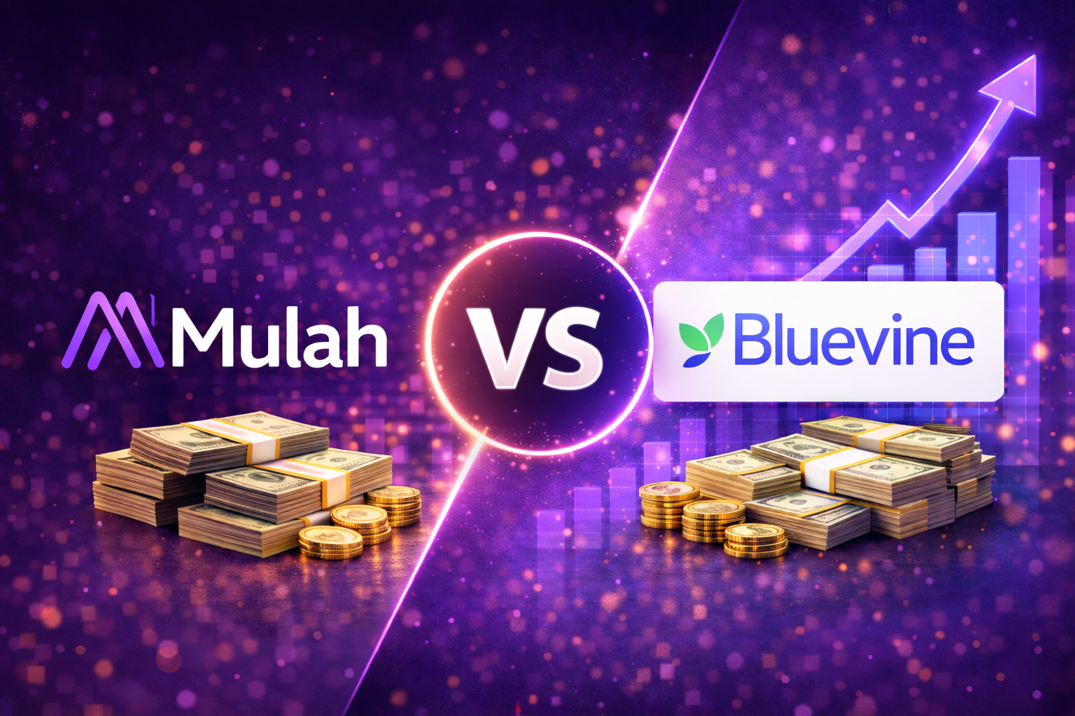 Mulah vs Bluevine business funding comparison graphic showing both brands with a versus symbol, stacks of cash, gold coins, and financial growth charts representing business financing options.