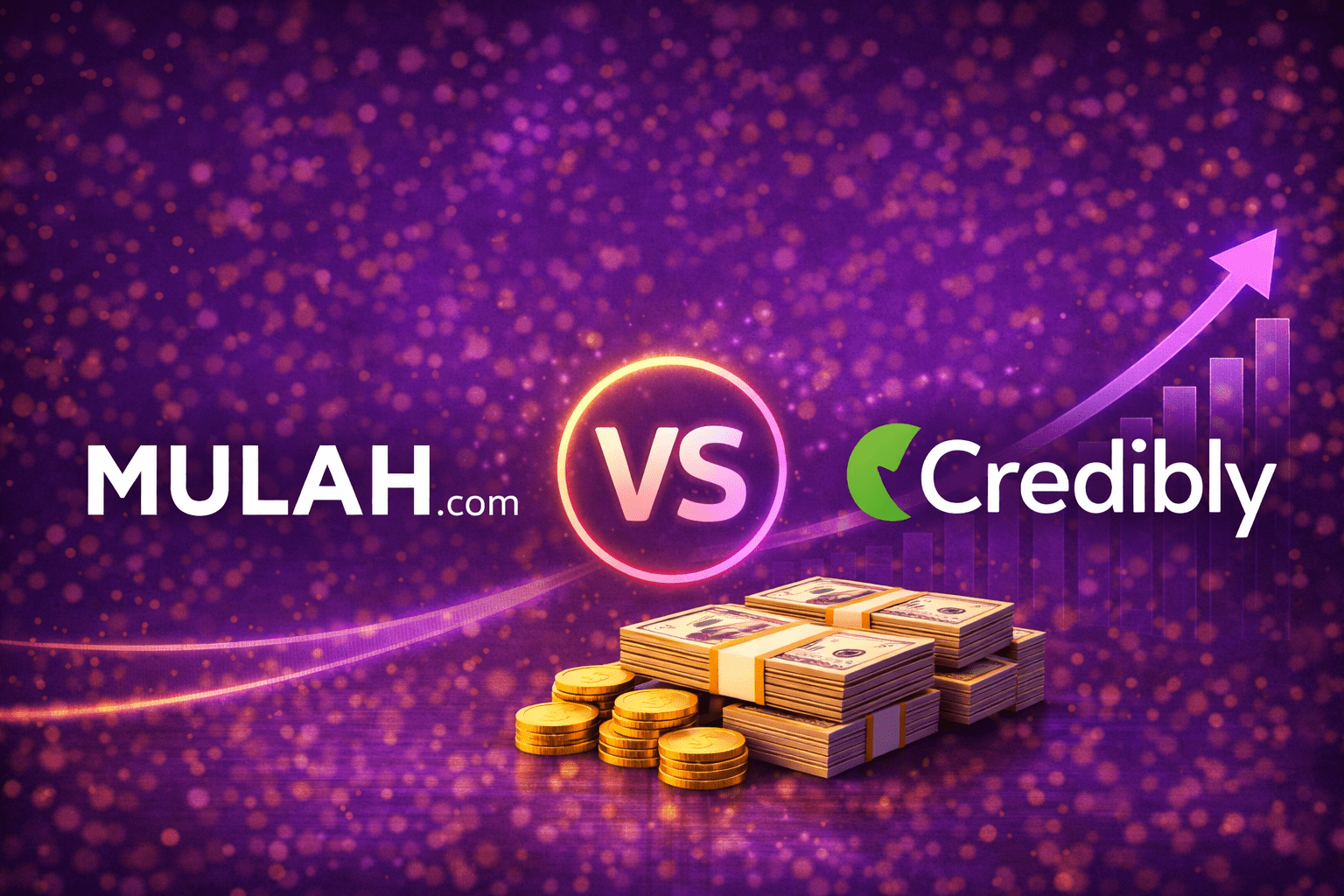 Mulah vs Credibly business funding comparison graphic showing both brands with a versus symbol, stacks of cash, gold coins, and financial growth charts.