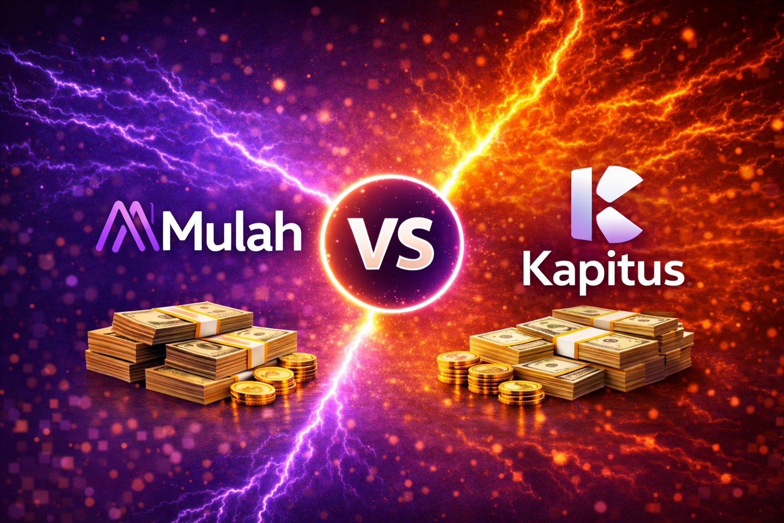 Mulah vs Kapitus comparison graphic showing both brands with a glowing VS symbol, stacks of cash, gold coins, and a split purple and orange financial background.