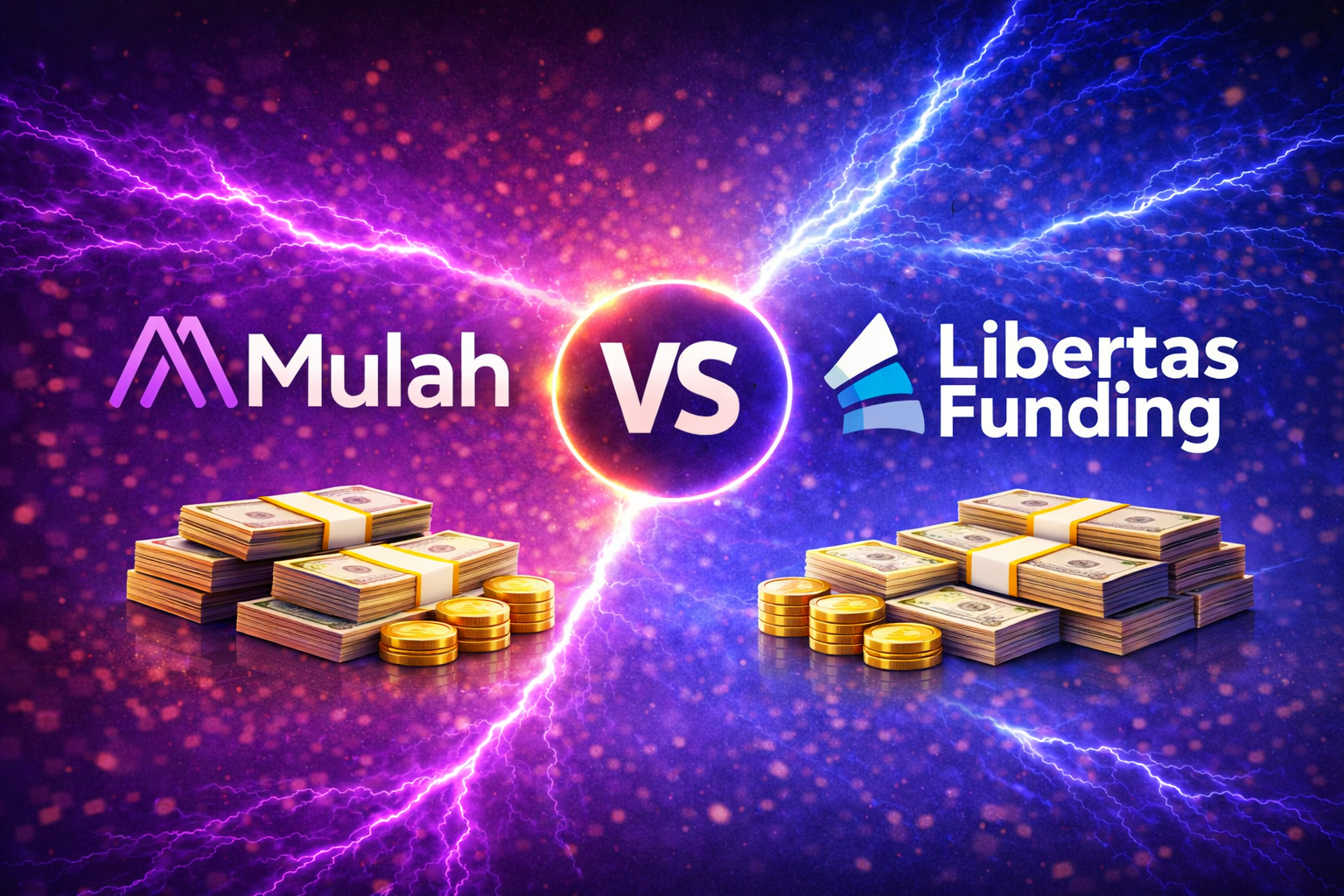 Mulah vs Libertas Funding comparison graphic showing both brands with a glowing VS symbol, stacks of cash, gold coins, and a purple and blue financial background.