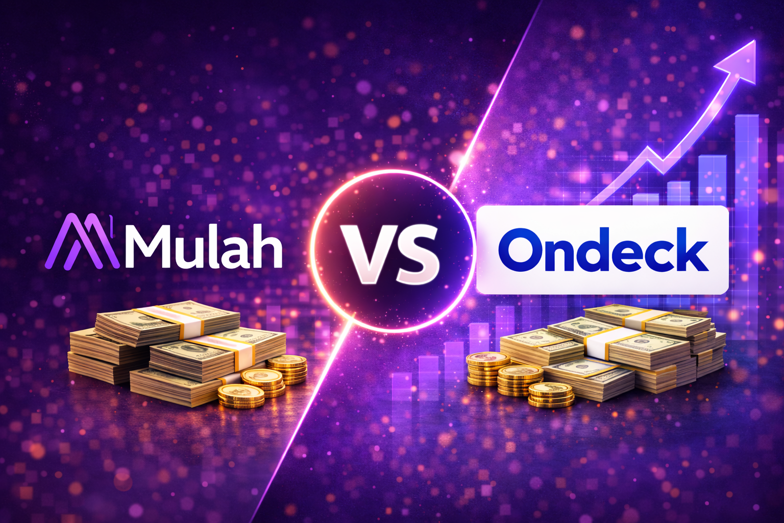 Mulah vs OnDeck business funding comparison graphic showing both brands with a versus symbol, stacks of money, coins, and financial growth charts on a purple background.