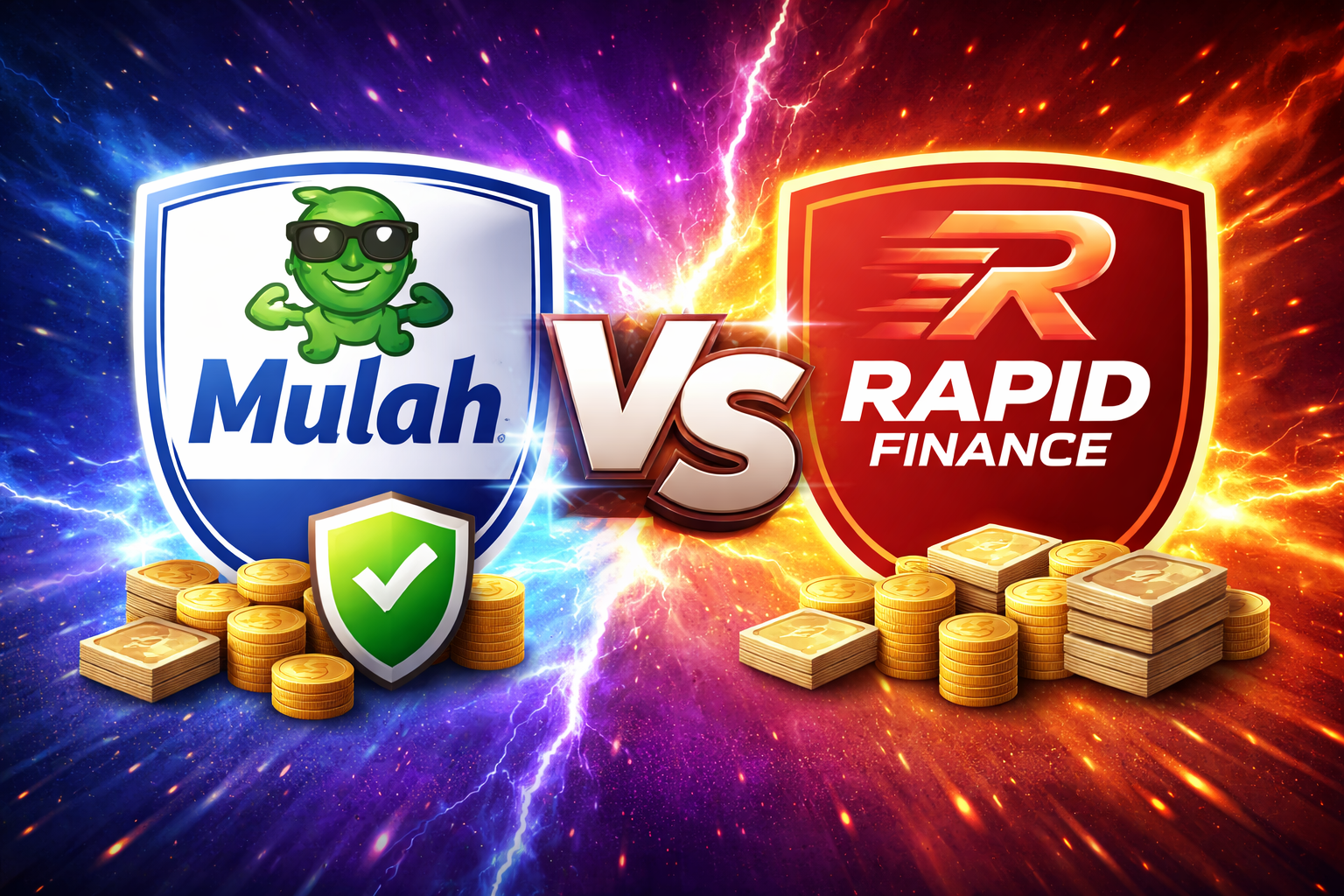 Mulah vs Rapid Finance comparison graphic showing both brands with a versus symbol, stacks of cash, gold coins, and financial growth visuals.