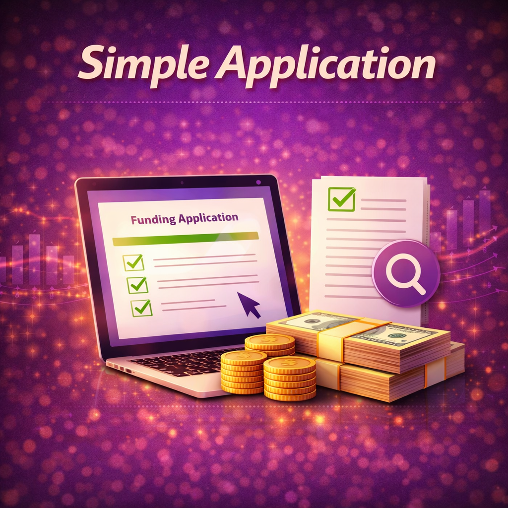 Simple application graphic showing a laptop with a completed funding application checklist, stacks of cash, and gold coins on a purple financial background.