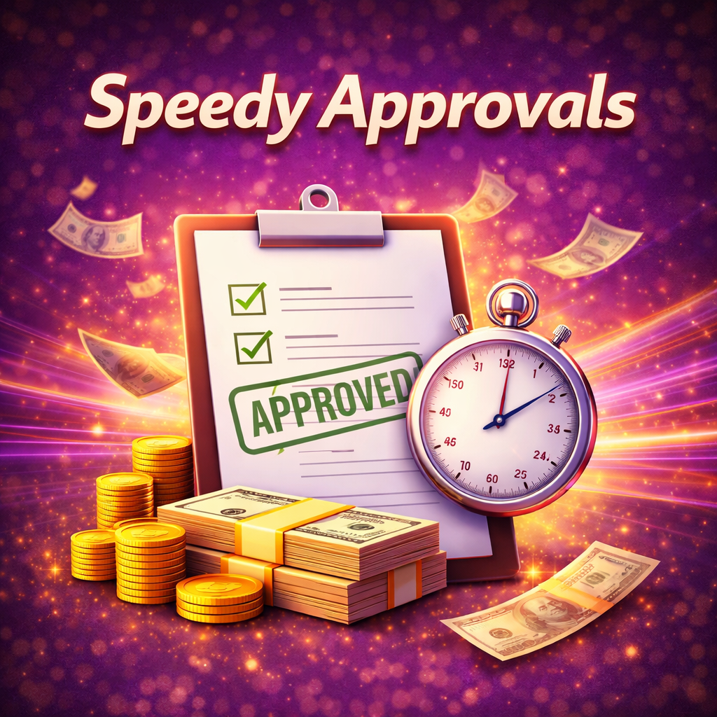 Speedy approvals graphic showing an approved checklist, stopwatch, stacks of cash, and gold coins on a glowing purple financial background.