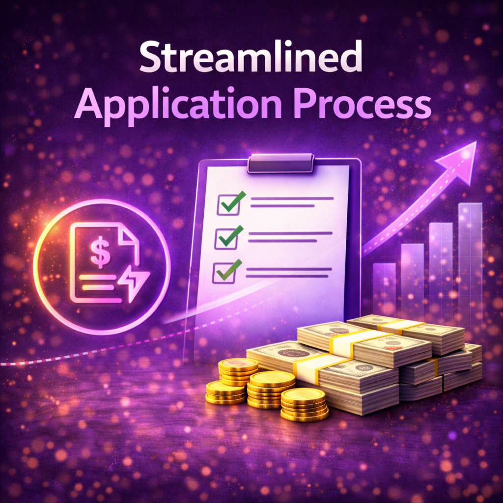 Streamlined application process graphic showing a checklist clipboard with completed steps, stacks of cash, coins, and a rising financial chart on a purple background.