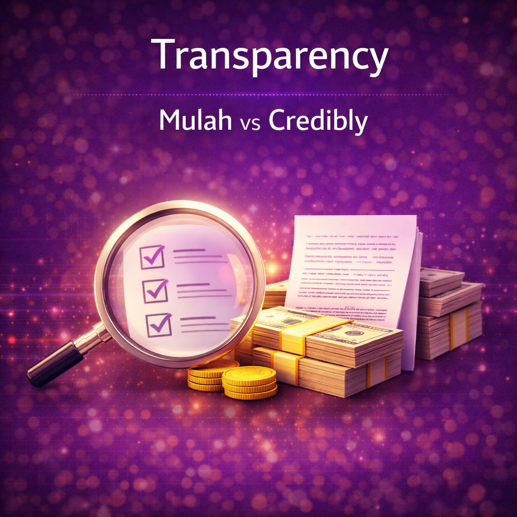 Transparency comparison graphic showing a magnifying glass reviewing a checklist and financial documents beside stacks of cash on a purple background.