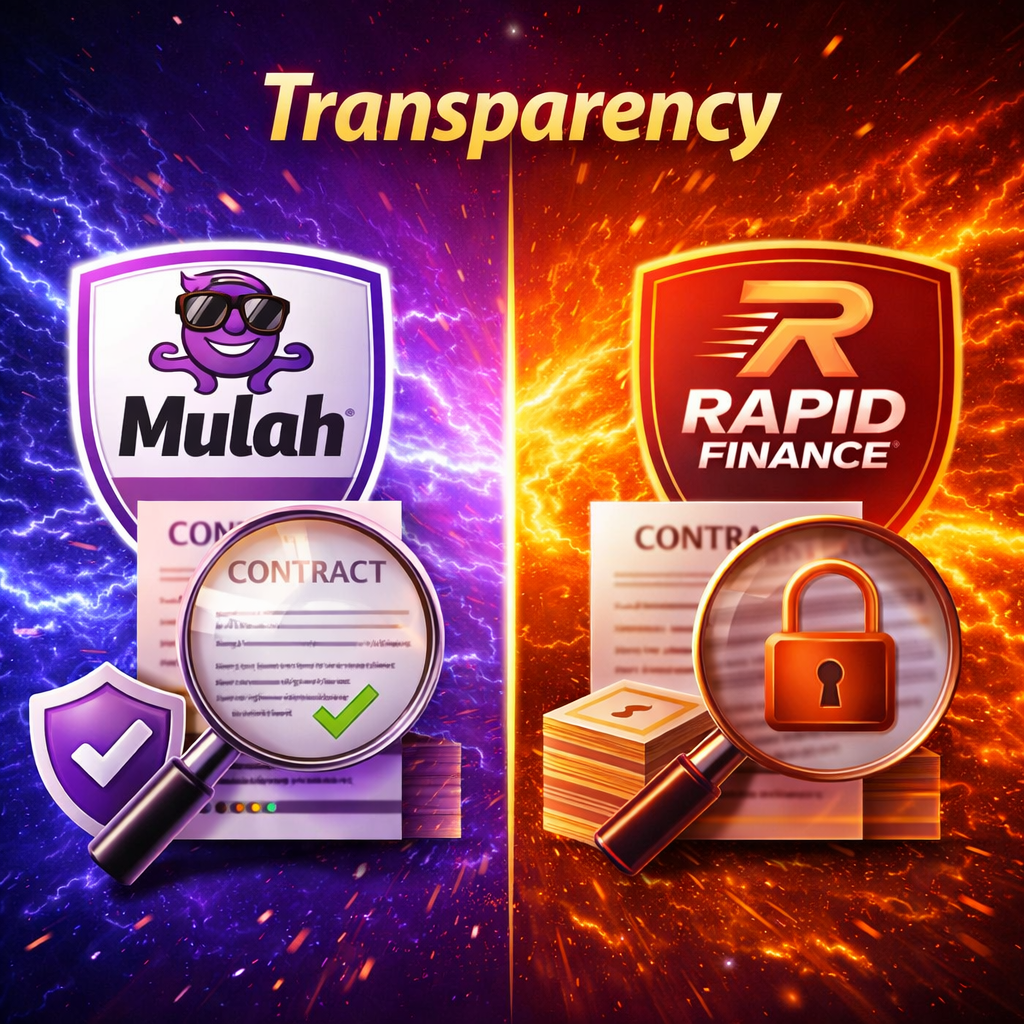 Transparency comparison graphic showing Mulah in purple with a clear contract and checkmark, and Rapid Finance with a locked contract and magnifying glass on a split financial background.