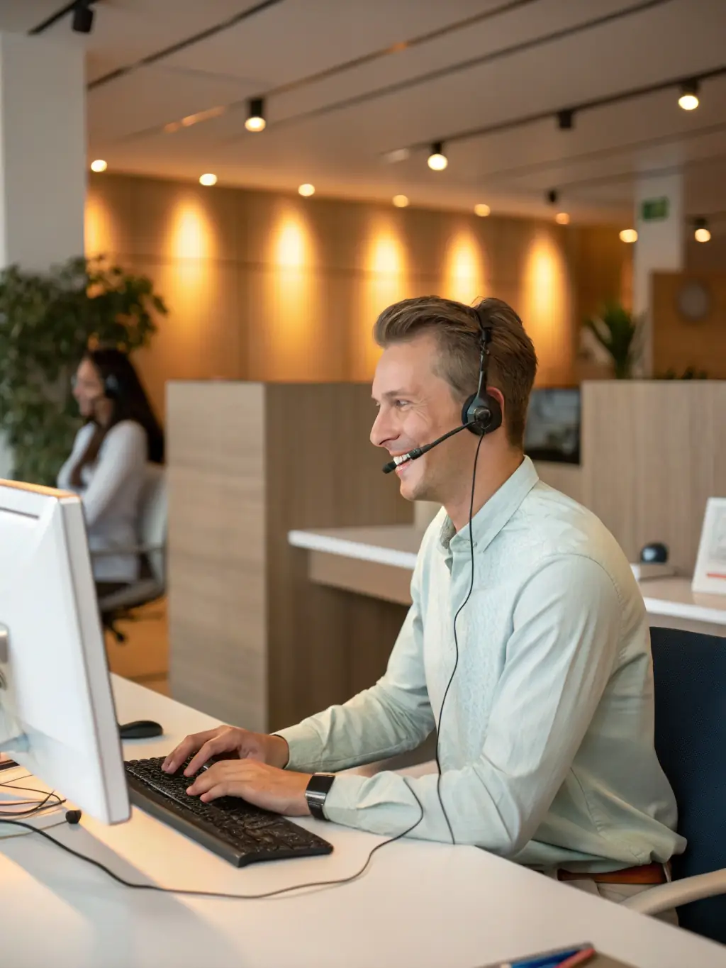A customer service representative assisting a business owner with a funding application, emphasizing Mulah's commitment to excellent customer support.