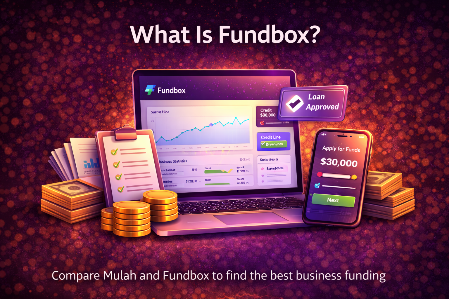 What is Fundbox business funding concept with financial dashboard, documents, and digital lending interface on purple background