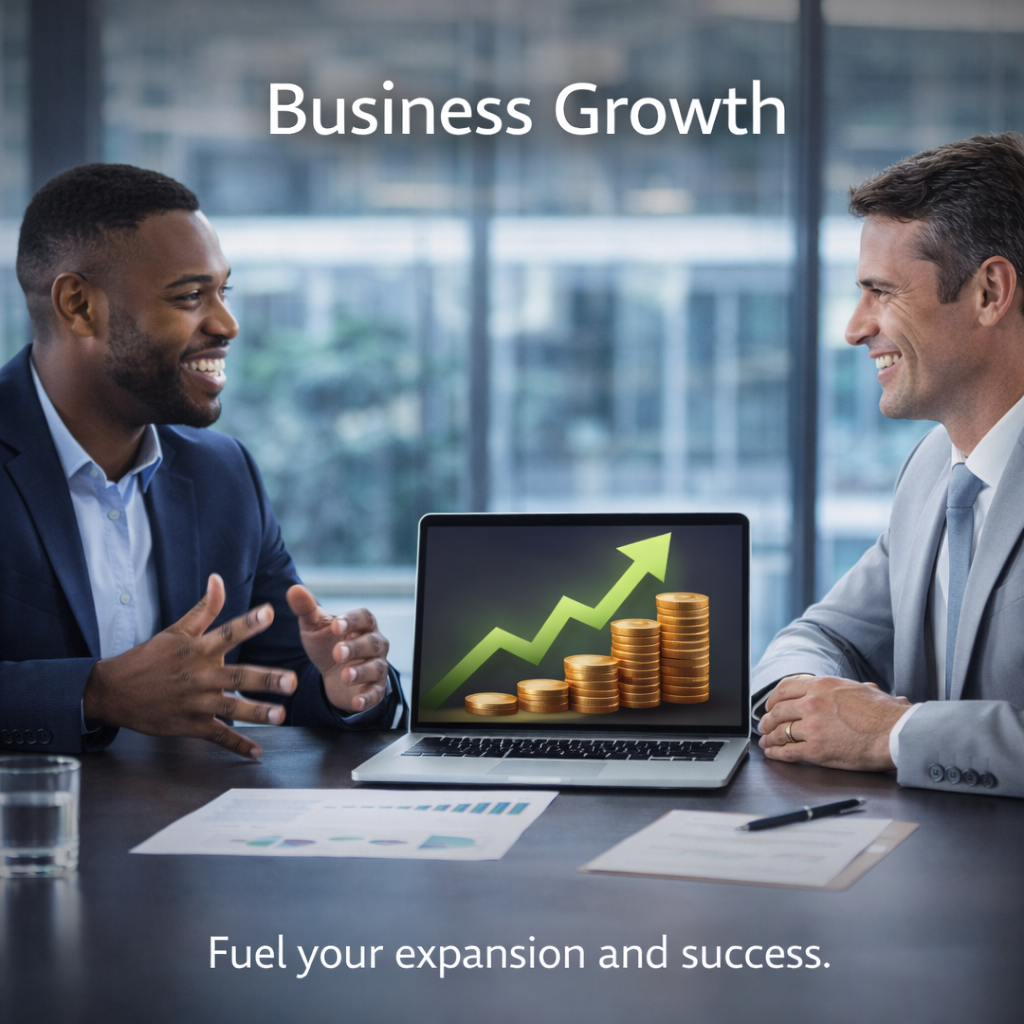 Business professionals discussing growth strategy with laptop showing upward chart and stacked coins in modern office