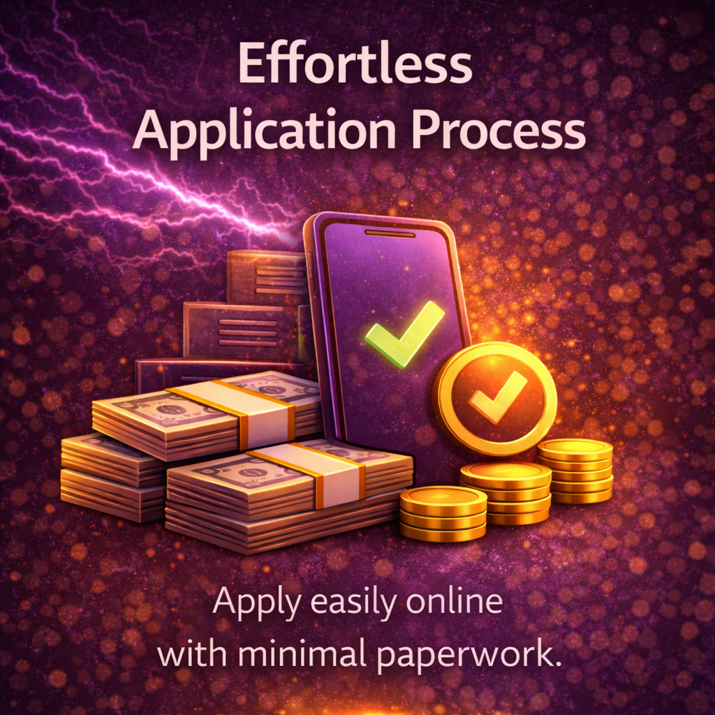 Easy business funding application with mobile approval checkmark, cash stacks, and purple lightning background