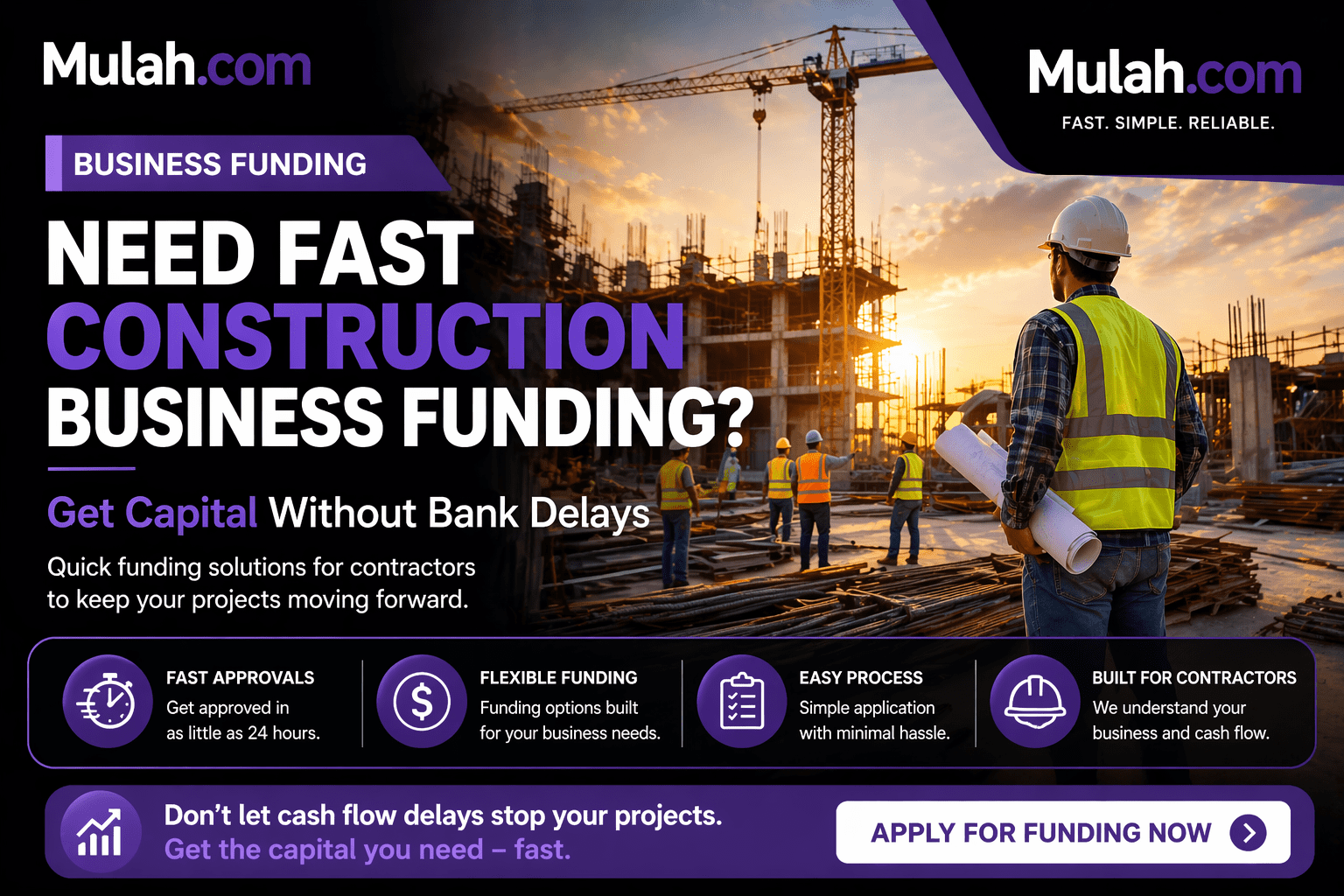 Construction workers and job site representing fast construction business funding solutions without bank delays from Mulah