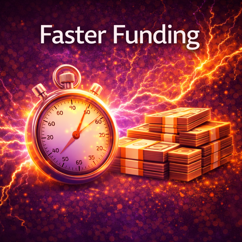 Fast business funding with stopwatch, lightning energy, and cash stacks on a purple background