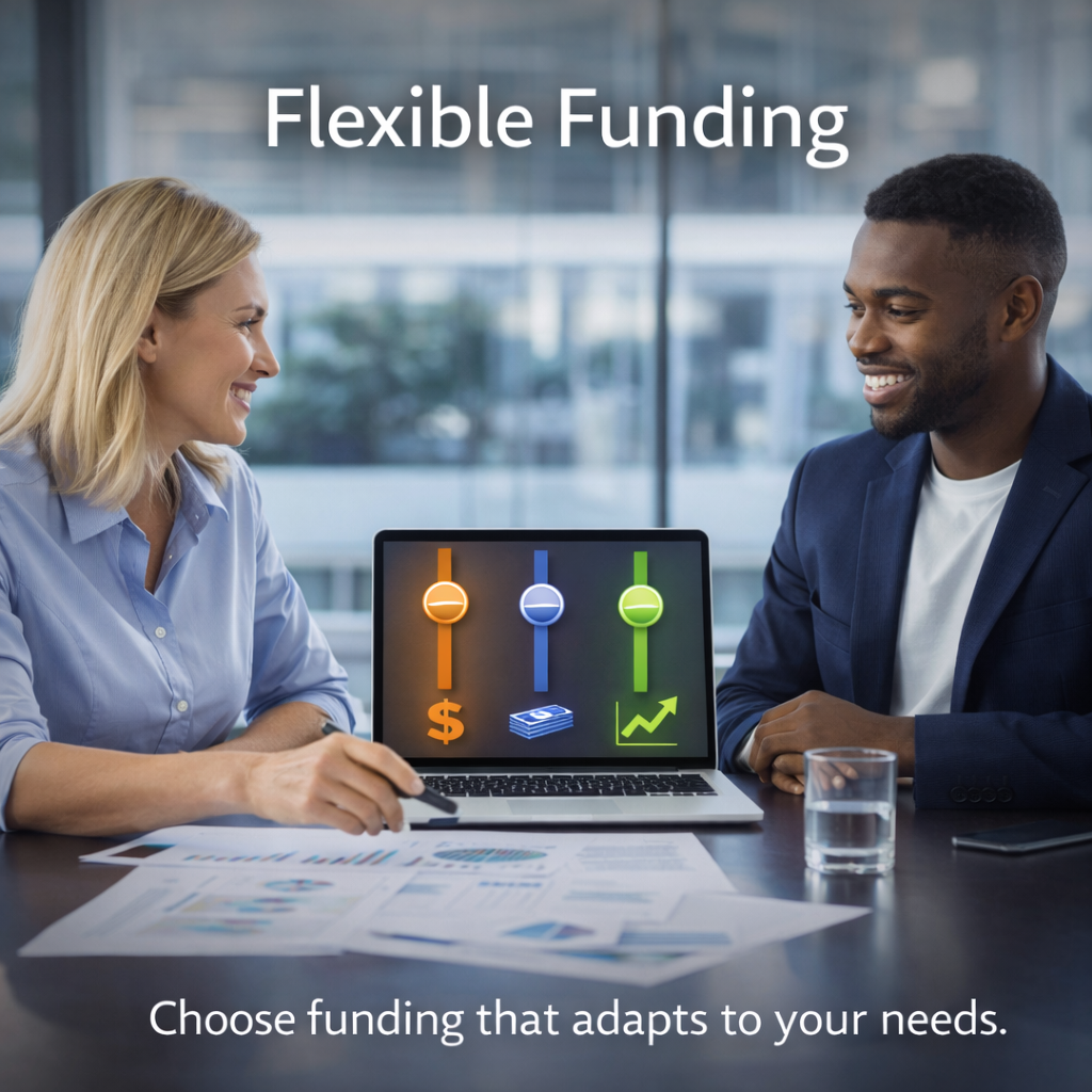 Business professionals reviewing flexible funding options on laptop with charts and sliders in modern office
