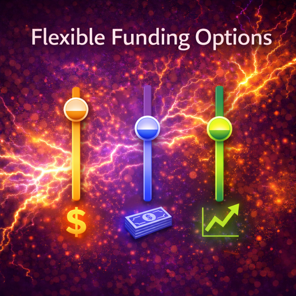 Flexible business funding options with adjustable sliders, financial icons, and purple lightning background