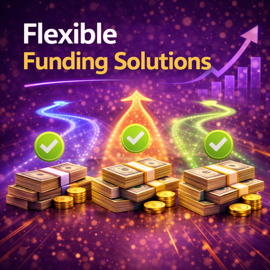 Flexible business funding solutions illustrated with multiple glowing paths, cash stacks, checkmarks, and purple growth background