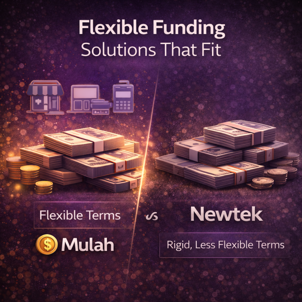 Flexible business funding solutions comparison with cash stacks, multiple business icons, and contrast between flexible and rigid terms