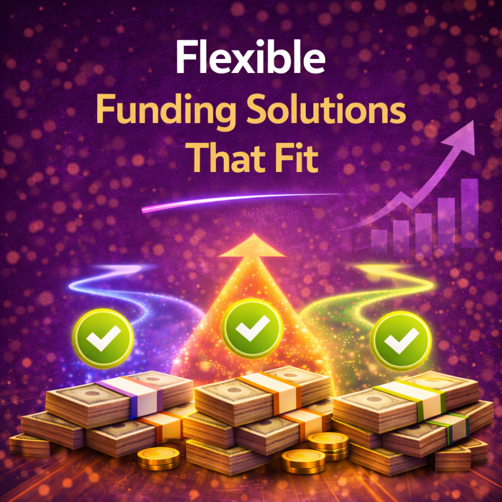 Flexible business funding solutions with multiple paths, cash stacks, approval checkmarks, and purple growth background