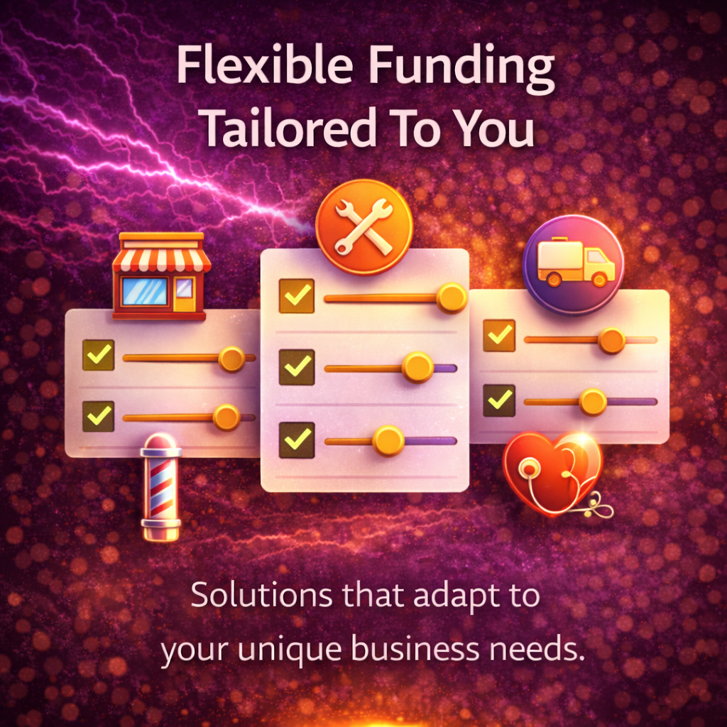 Flexible business funding solutions with adjustable options, multiple business icons, and purple lightning background