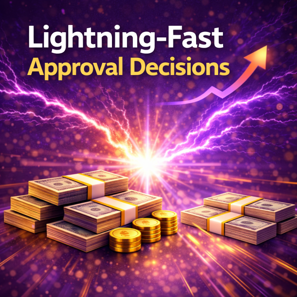 Lightning-fast business funding approval concept with purple lightning, glowing energy burst, cash stacks, and upward growth arrow