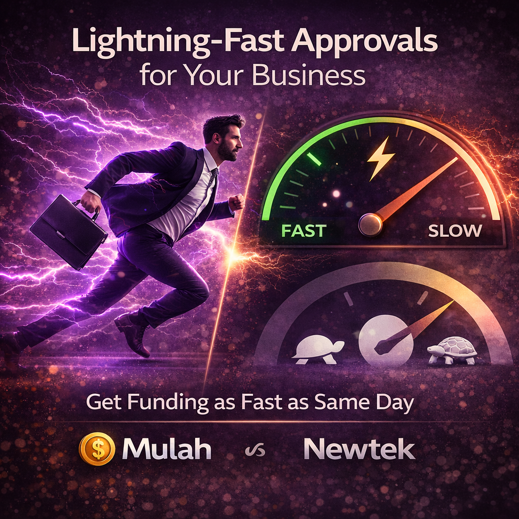 Lightning-fast business funding approvals with businessman running through purple lightning and speedometer showing fast vs slow