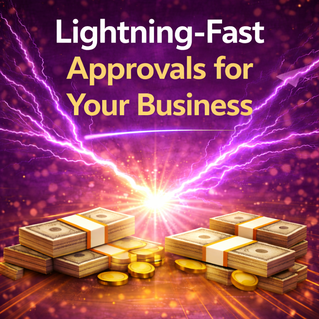 Lightning-fast business funding approvals with purple lightning burst, cash stacks, and glowing energy background
