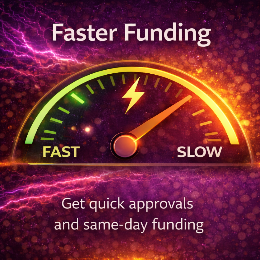 Fast business funding approvals with speedometer, purple lightning background, and rapid approval concept
