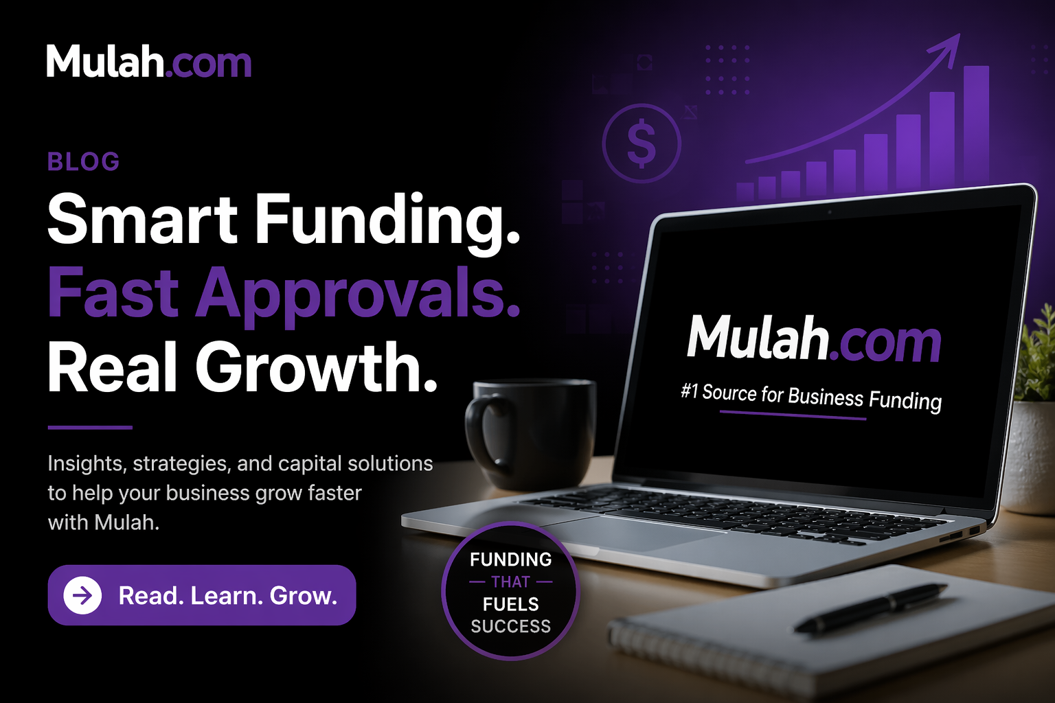 Mulah.com business funding blog social image showing smart funding, fast approvals, and real business growth with modern financial design and branding