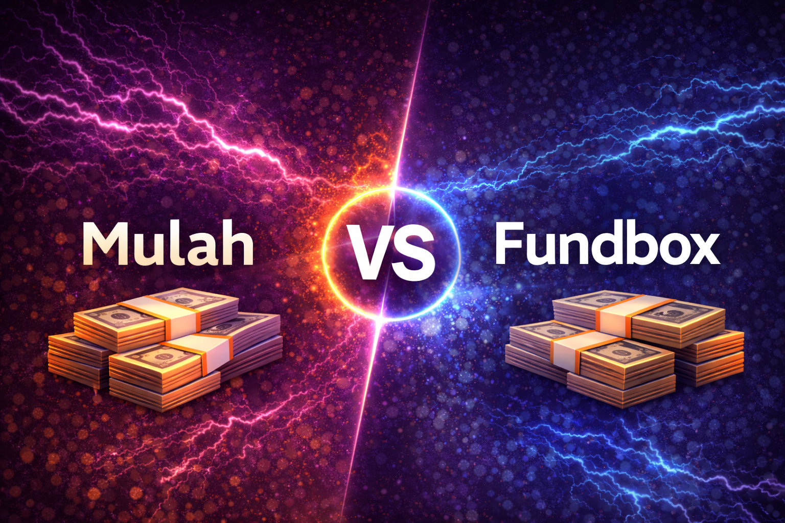 Mulah vs Fundbox comparison with purple and blue lightning split background, glowing VS symbol, and cash stacks on both sides