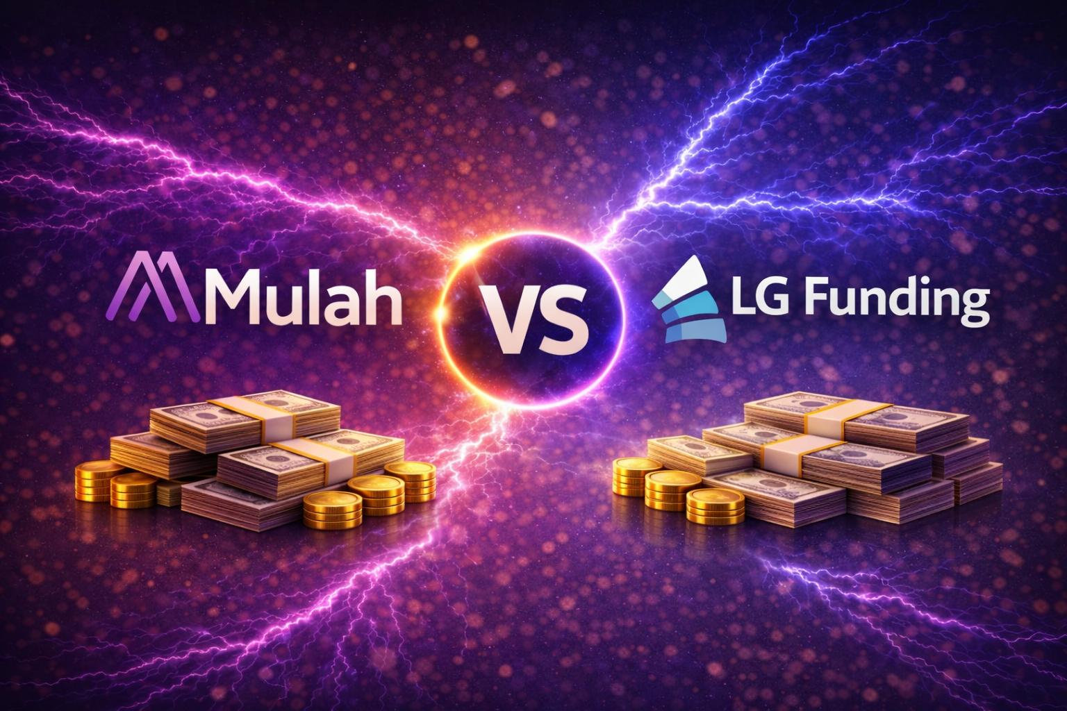 Mulah vs LG Funding comparison with purple lightning background, glowing VS symbol, and cash stacks on both sides