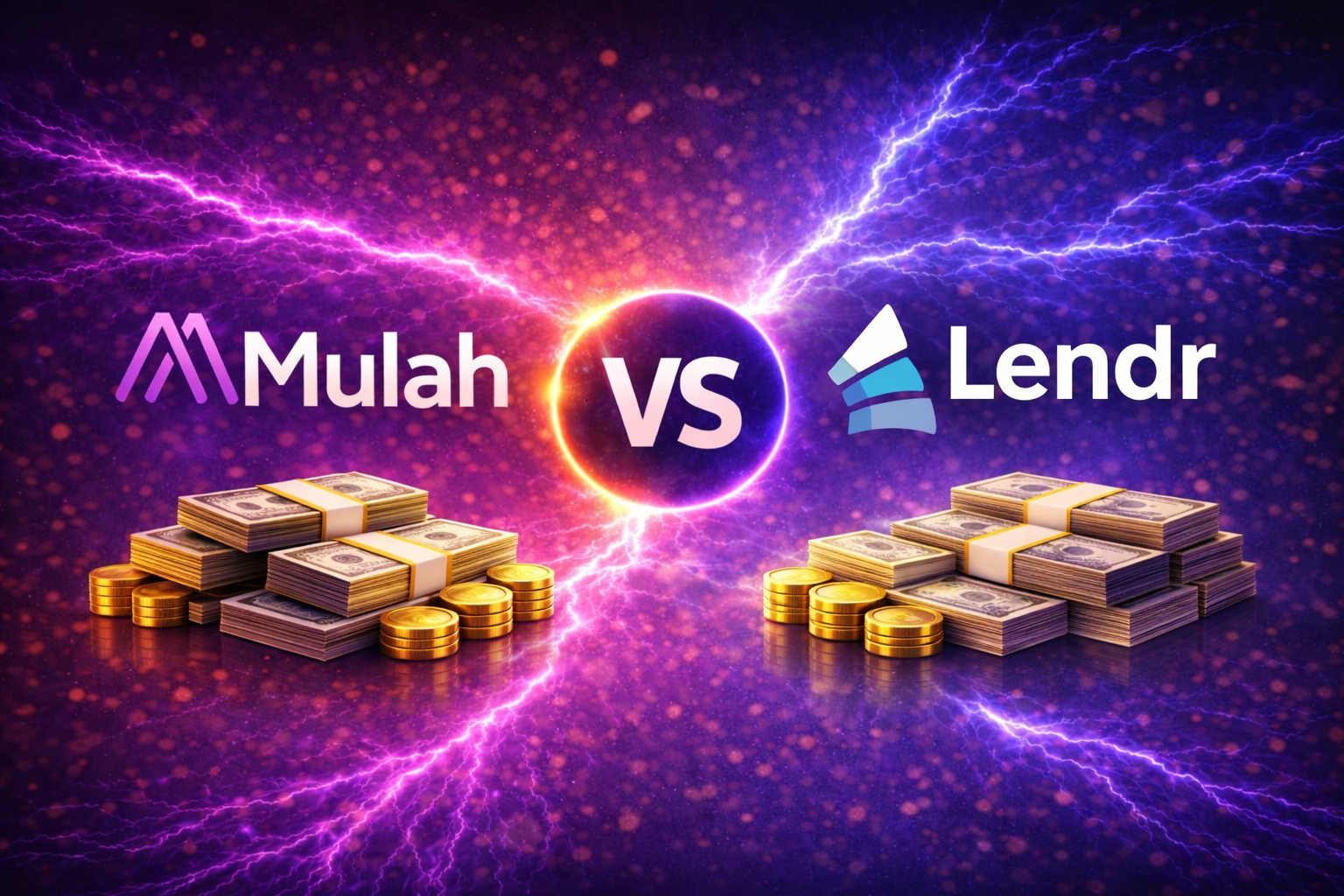 Mulah vs Lendr business funding comparison with purple lightning background, cash stacks, and glowing versus symbol highlighting funding advantages