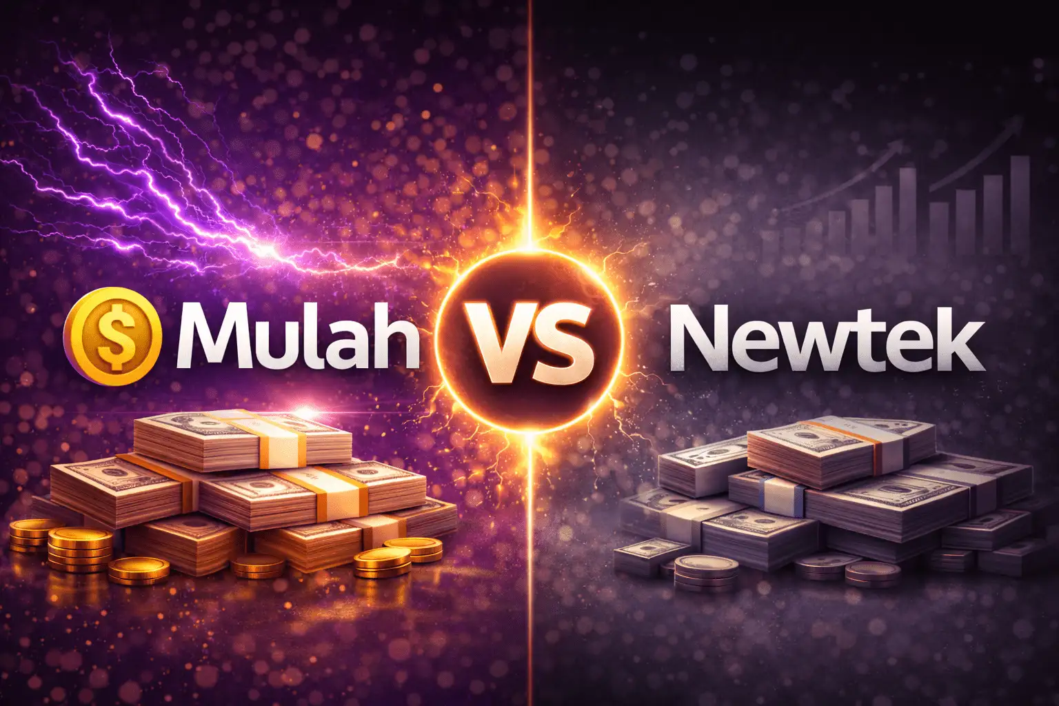 Mulah vs Newtek business funding comparison with purple lightning background, cash stacks, and glowing versus symbol