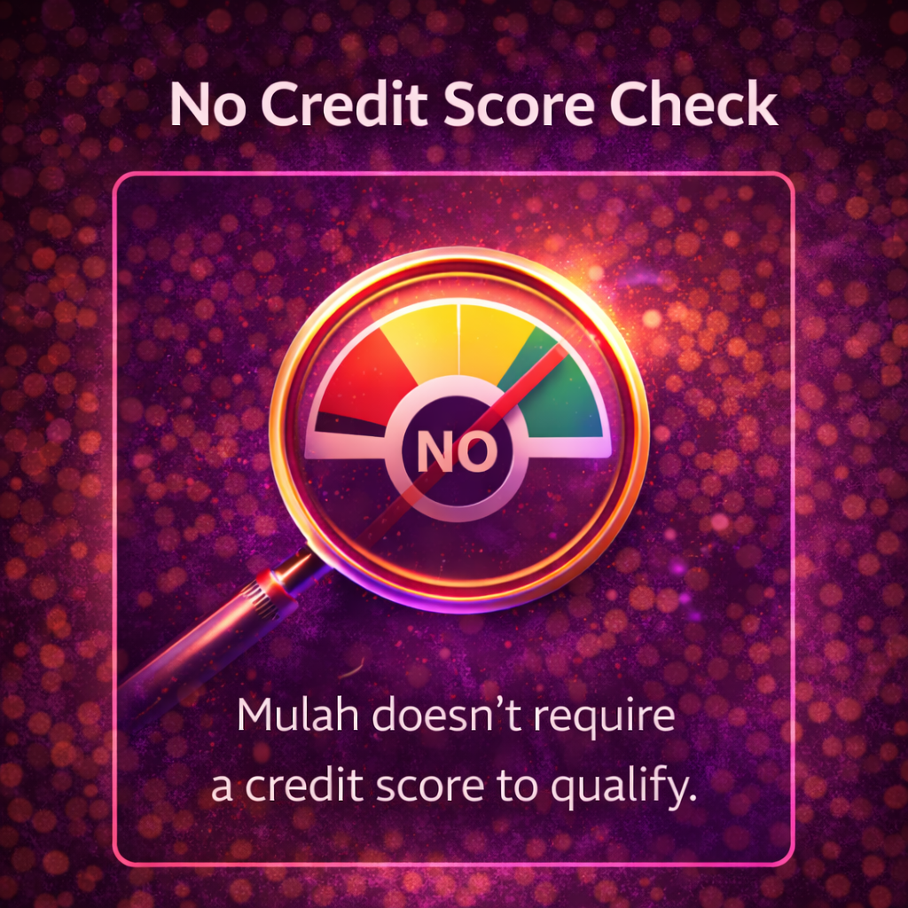 No credit score check business funding concept with credit gauge, magnifying glass, and purple lightning background