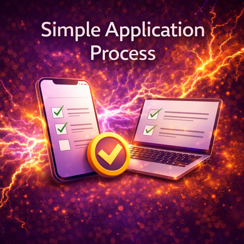 Simple business funding application with smartphone, laptop, checklist, and approval checkmark on purple lightning background