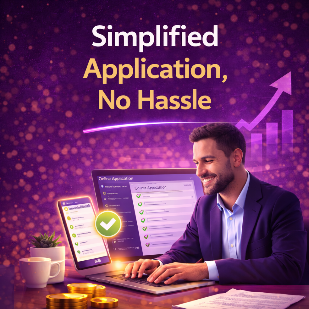 Simple business funding application process shown with laptop, checklist approvals, and purple digital background