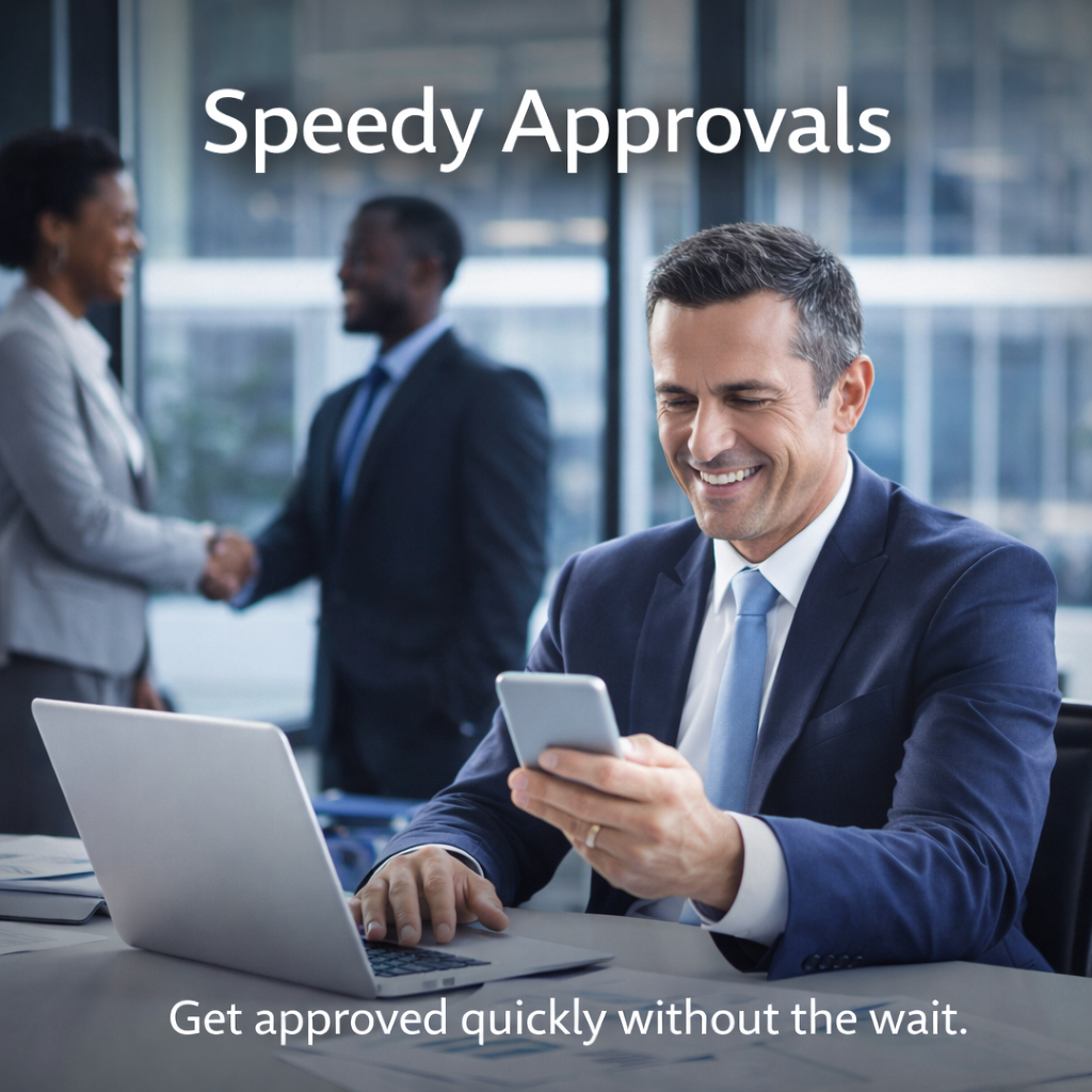 Business professional smiling at phone after fast approval with colleagues shaking hands in modern office