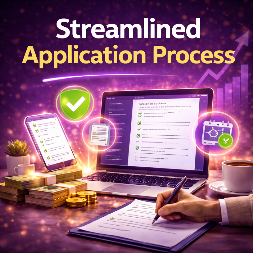 Streamlined business funding application process shown with laptop, mobile checklist, approval icons, and purple digital background