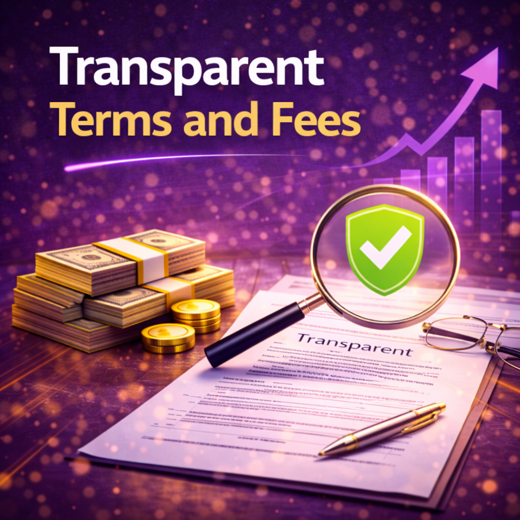 Transparent business funding terms illustrated with magnifying glass over contract, checkmark shield, cash stacks, and purple background