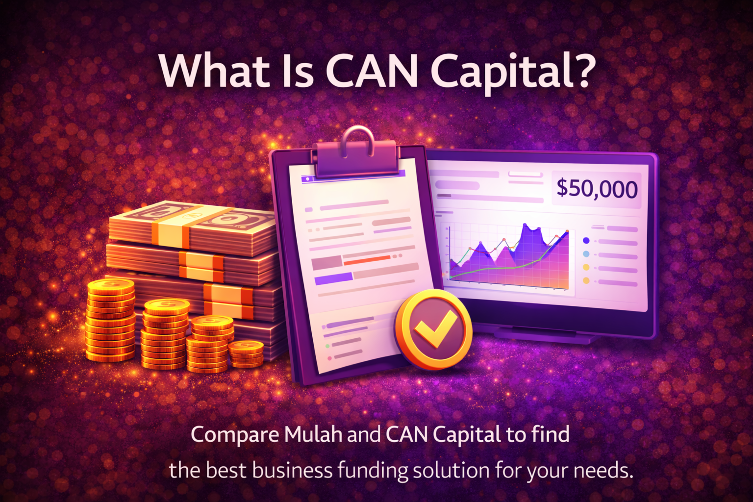 What is CAN Capital business funding concept with financial documents, dashboard analytics, and cash stacks on purple background